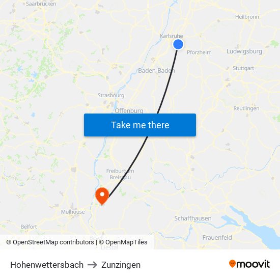 Hohenwettersbach to Zunzingen map