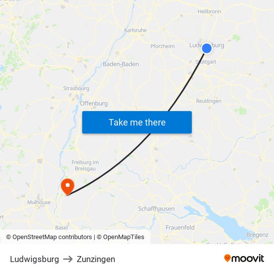 Ludwigsburg to Zunzingen map