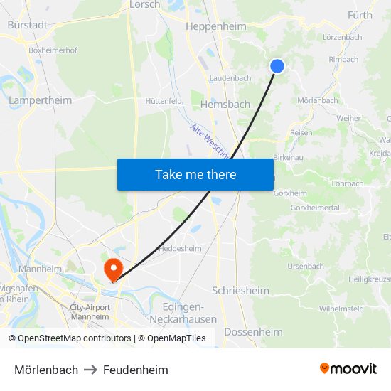 Mörlenbach to Feudenheim map