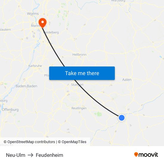 Neu-Ulm to Feudenheim map