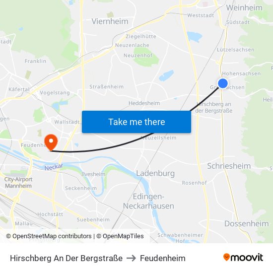 Hirschberg An Der Bergstraße to Feudenheim map