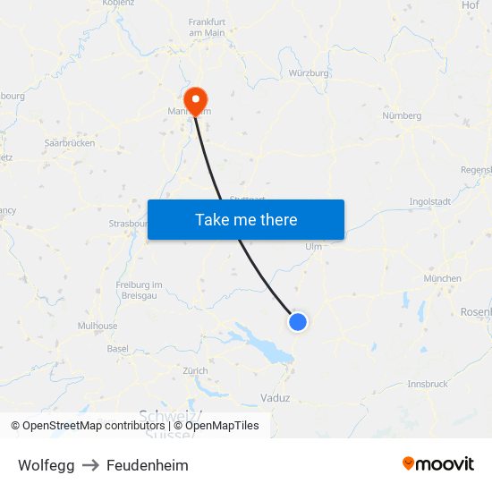 Wolfegg to Feudenheim map