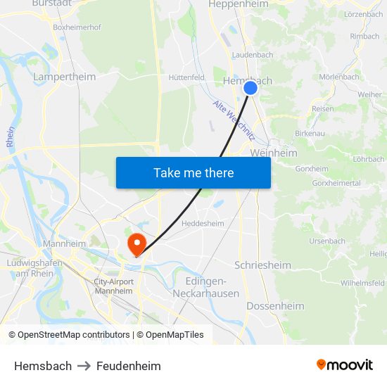 Hemsbach to Feudenheim map