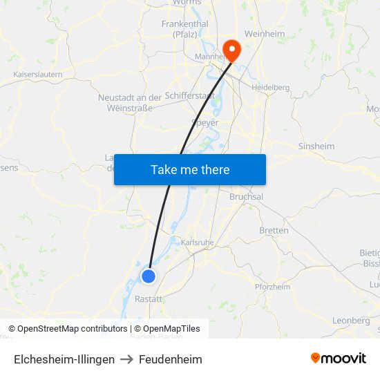 Elchesheim-Illingen to Feudenheim map