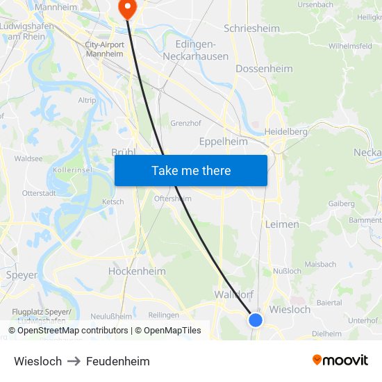 Wiesloch to Feudenheim map