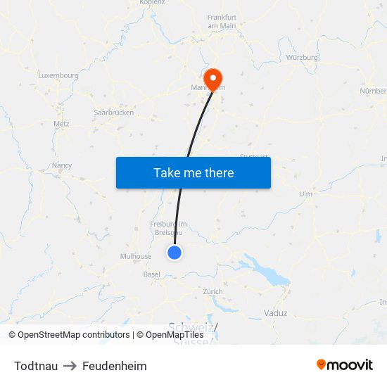 Todtnau to Feudenheim map