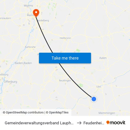 Gemeindeverwaltungsverband Laupheim to Feudenheim map