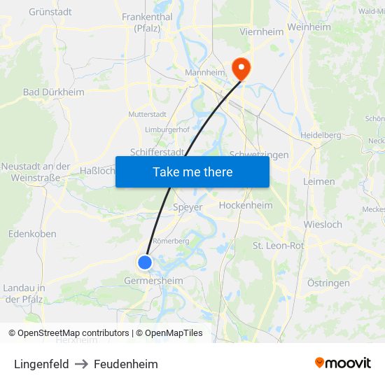 Lingenfeld to Feudenheim map