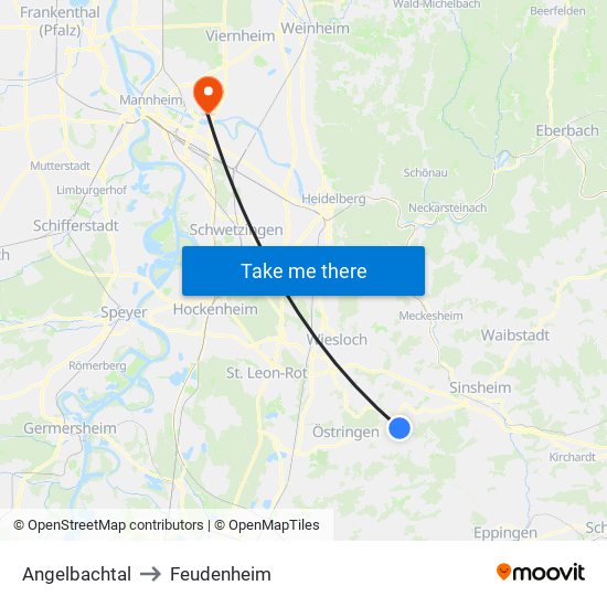 Angelbachtal to Feudenheim map
