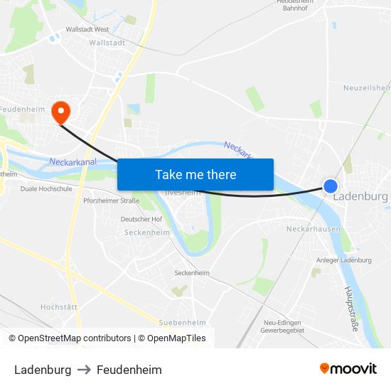 Ladenburg to Feudenheim map