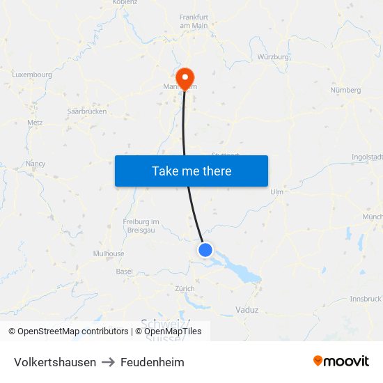 Volkertshausen to Feudenheim map