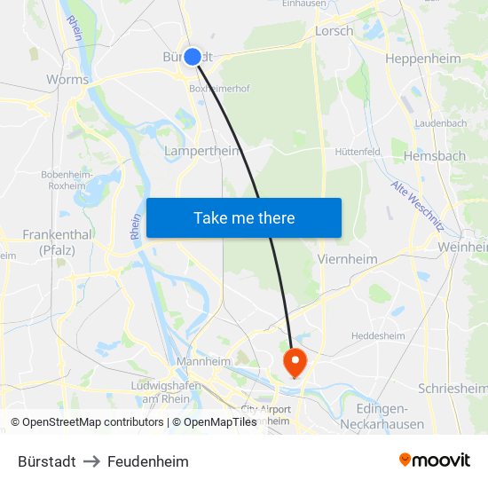 Bürstadt to Feudenheim map