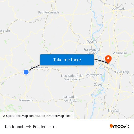 Kindsbach to Feudenheim map