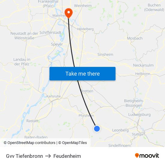 Gvv Tiefenbronn to Feudenheim map