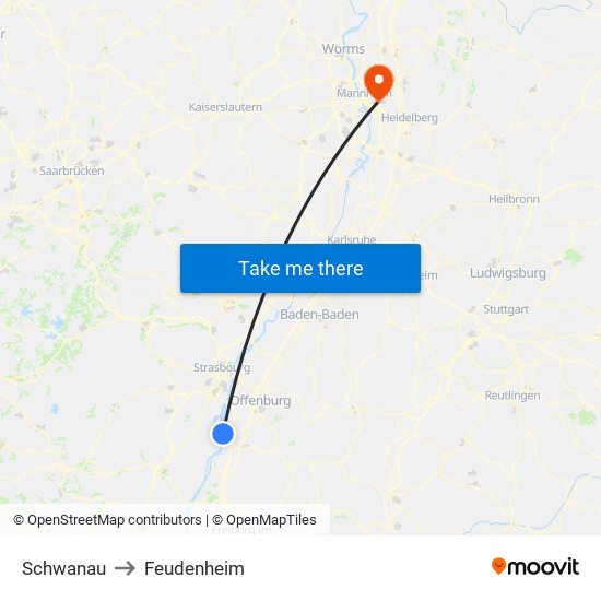 Schwanau to Feudenheim map