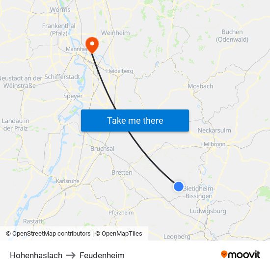Hohenhaslach to Feudenheim map