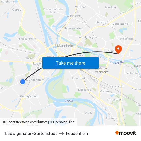 Ludwigshafen-Gartenstadt to Feudenheim map