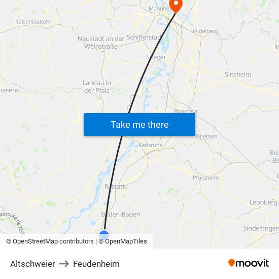 Altschweier to Feudenheim map