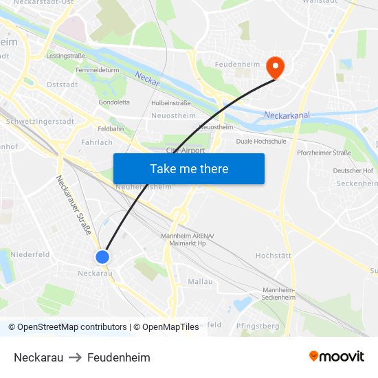 Neckarau to Feudenheim map