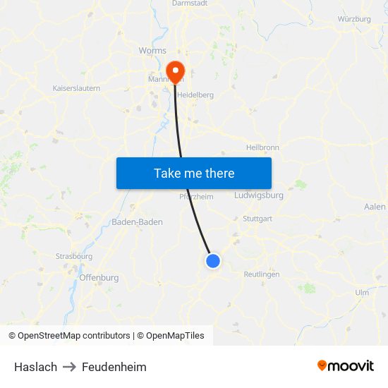 Haslach to Feudenheim map