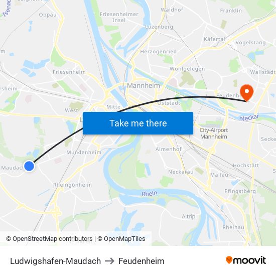 Ludwigshafen-Maudach to Feudenheim map