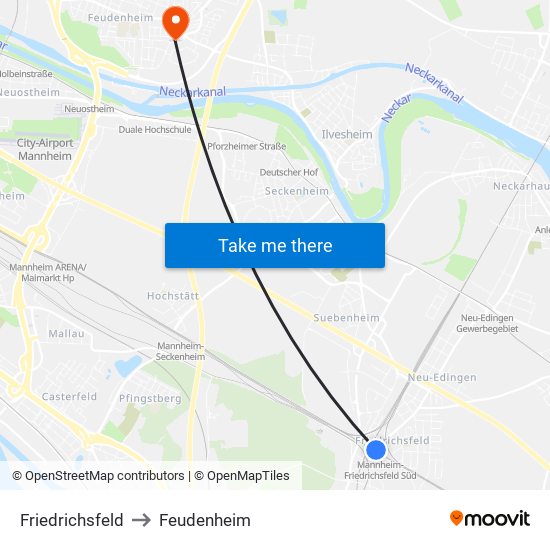 Friedrichsfeld to Feudenheim map