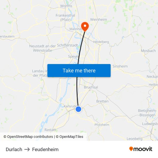 Durlach to Feudenheim map