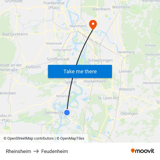 Rheinsheim to Feudenheim map