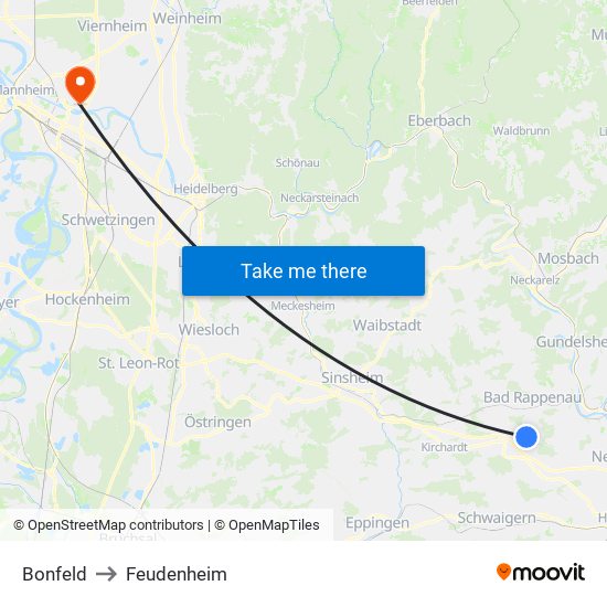 Bonfeld to Feudenheim map