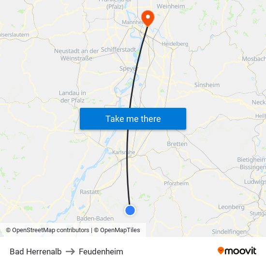 Bad Herrenalb to Feudenheim map