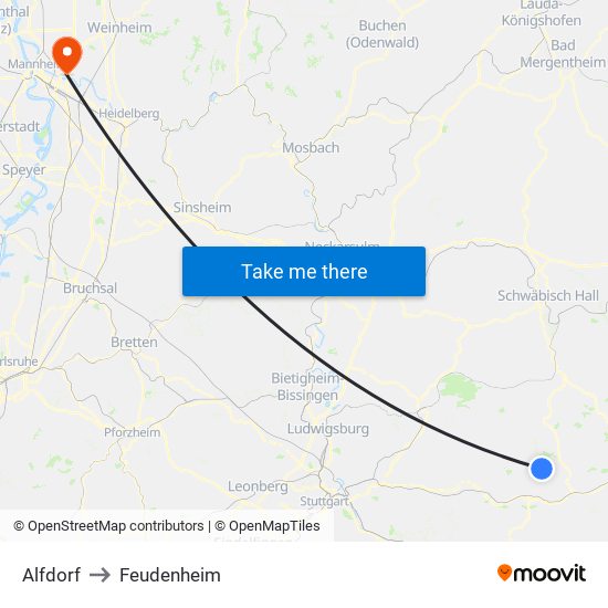 Alfdorf to Feudenheim map