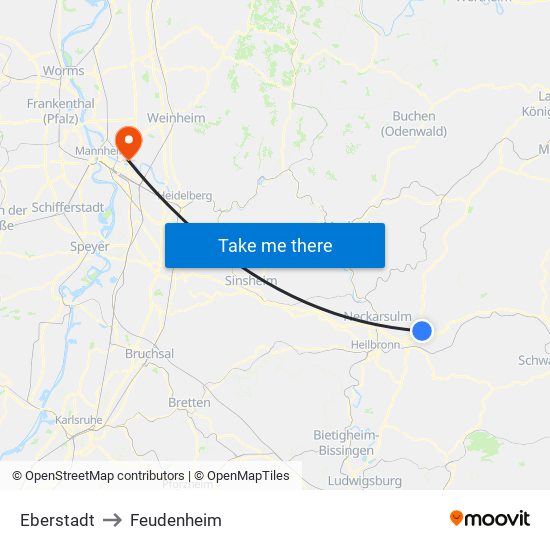 Eberstadt to Feudenheim map