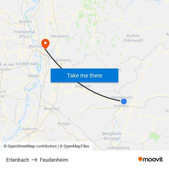 Erlenbach to Feudenheim map