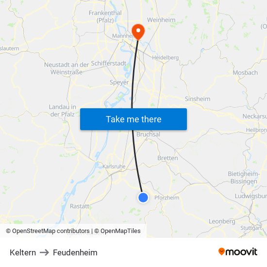 Keltern to Feudenheim map