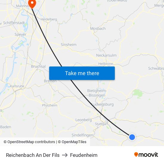 Reichenbach An Der Fils to Feudenheim map