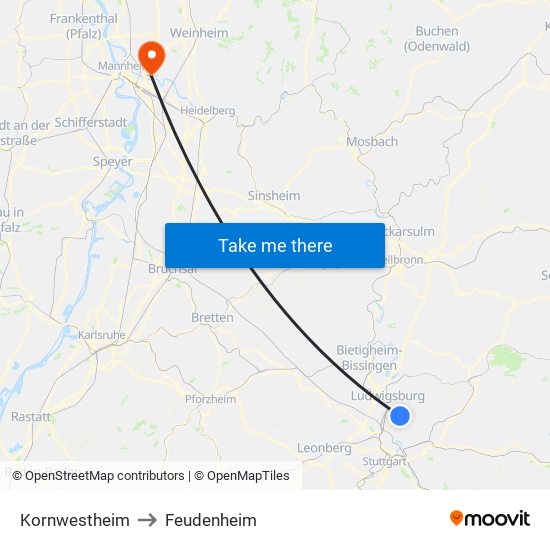 Kornwestheim to Feudenheim map