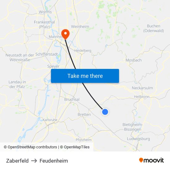 Zaberfeld to Feudenheim map