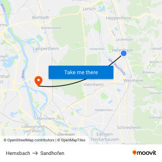 Hemsbach to Sandhofen map