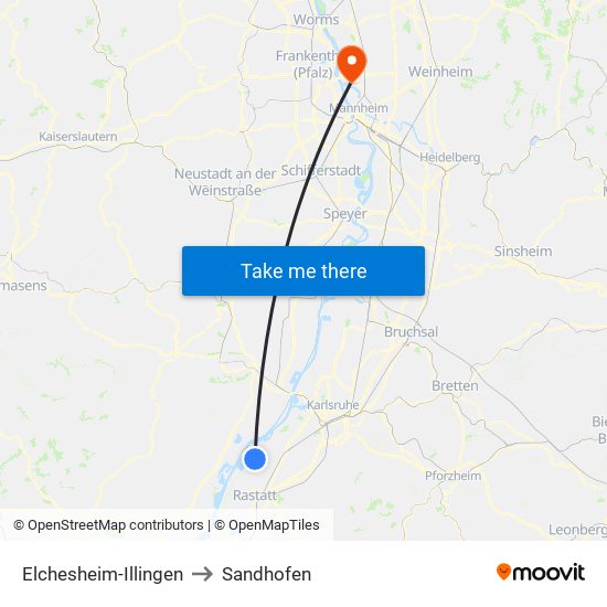 Elchesheim-Illingen to Sandhofen map