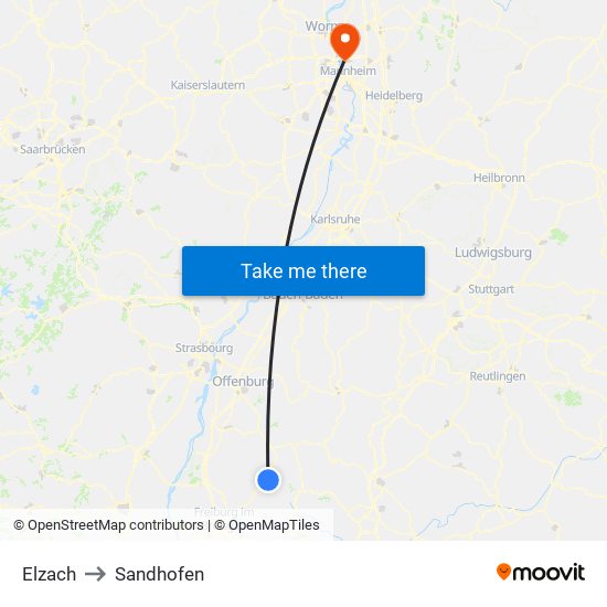 Elzach to Sandhofen map