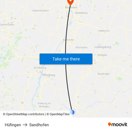 Hüfingen to Sandhofen map