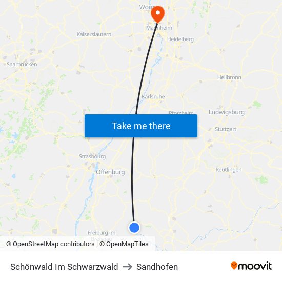 Schönwald Im Schwarzwald to Sandhofen map