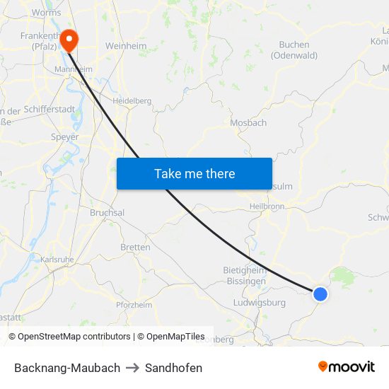 Backnang-Maubach to Sandhofen map