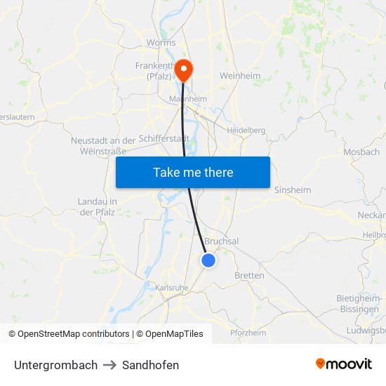 Untergrombach to Sandhofen map