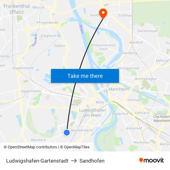 Ludwigshafen-Gartenstadt to Sandhofen map