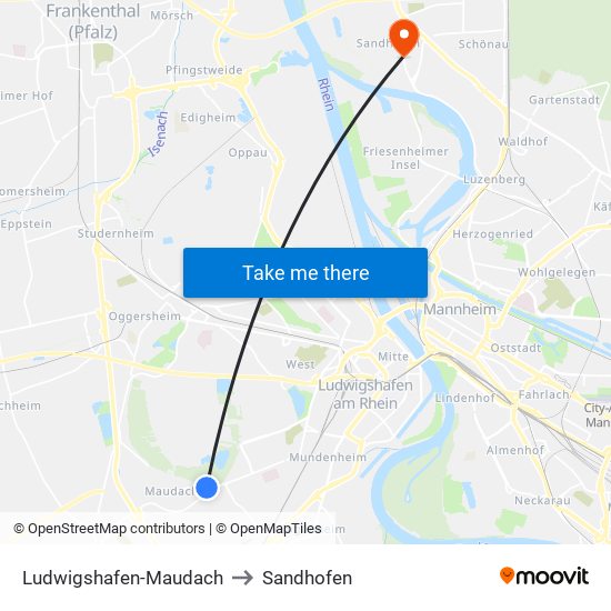 Ludwigshafen-Maudach to Sandhofen map