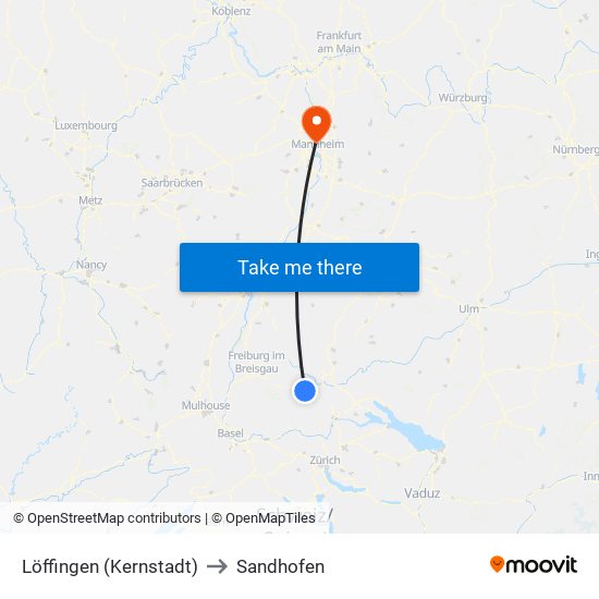 Löffingen (Kernstadt) to Sandhofen map