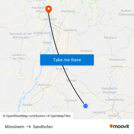 Mönsheim to Sandhofen map