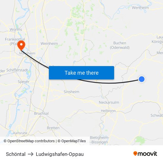 Schöntal to Ludwigshafen-Oppau map