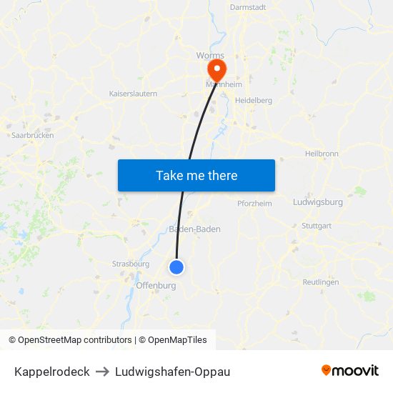 Kappelrodeck to Ludwigshafen-Oppau map